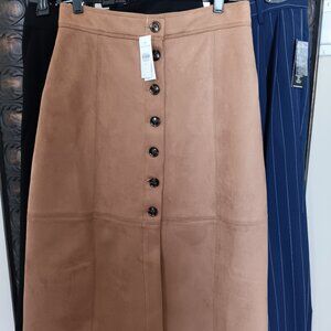 Women's Warm Brown Faux Suede Button Midi Skirt